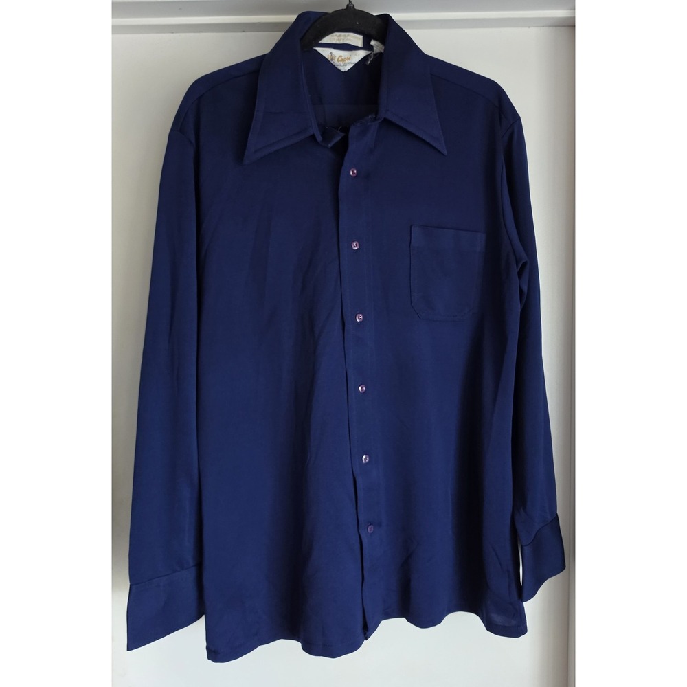 Vintage 70s Capri Dress Shirt Men's L Blue Long Sleeve Button-Up Retro Top